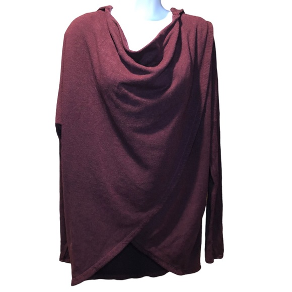 Athleta Tunic Length Hooded Faux Wrap Sweater in Maroon Cowl Neck Tight Knit - Picture 12 of 15